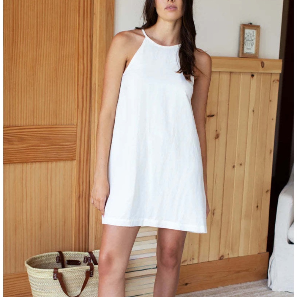 Linen High Neck Short Dress, Natural